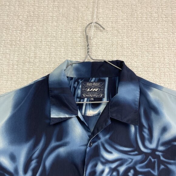 Y2K Urban Rags Skull Blue Flame AOP Shirt Black Men Sz 2XL Goth Cyber Punk Emo - Picture 2 of 16